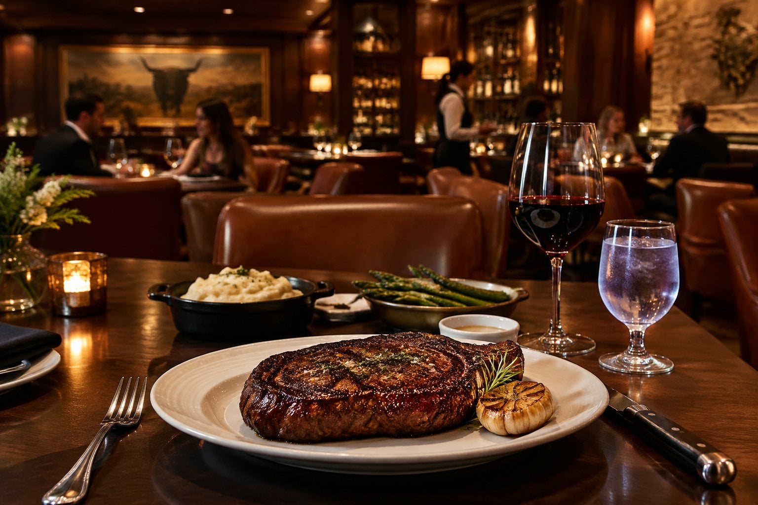 A steak dinner served in an elegant restaurant.