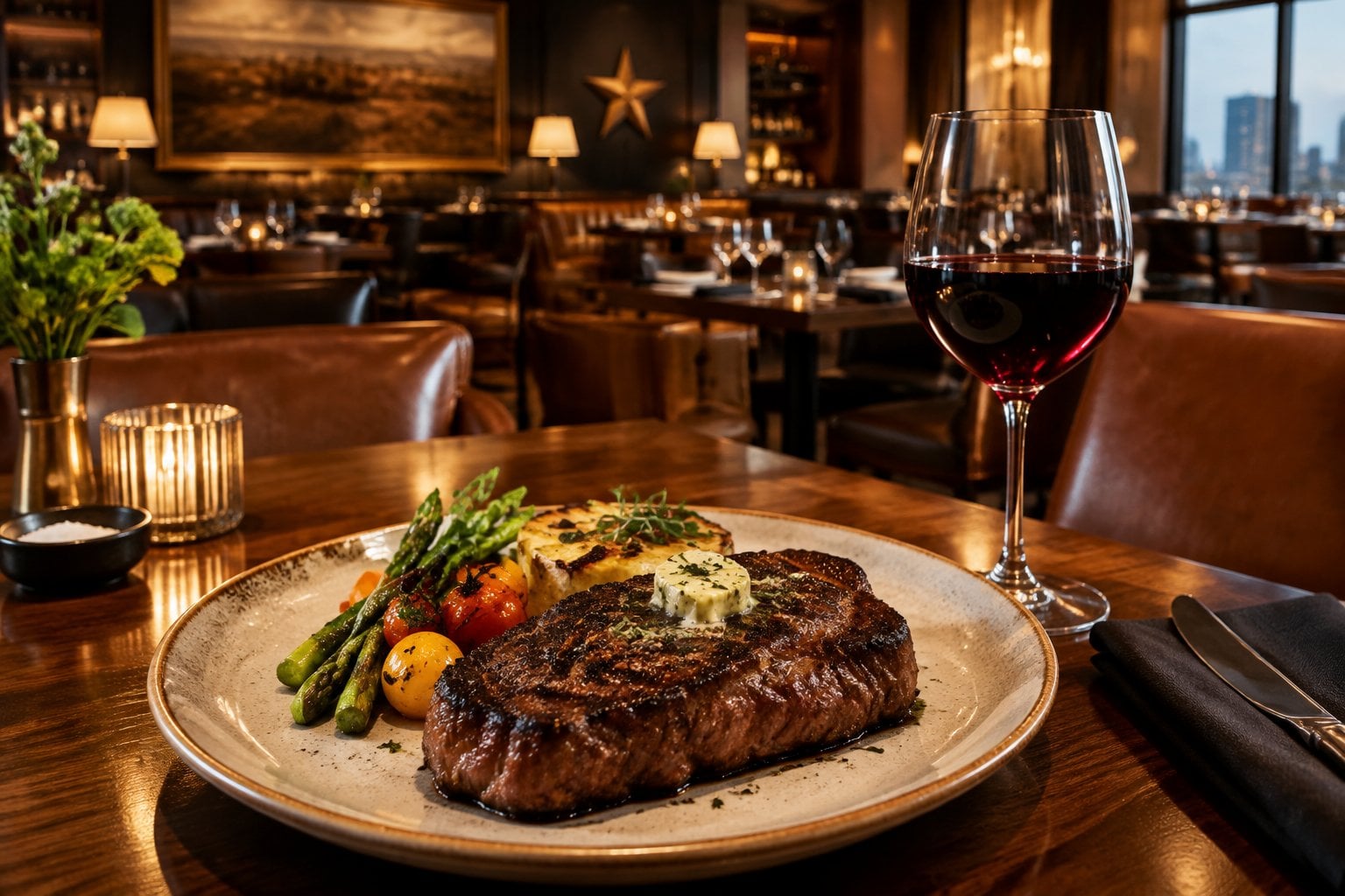 A seared steak with sides and red wine on a table in an upscale restaurant.