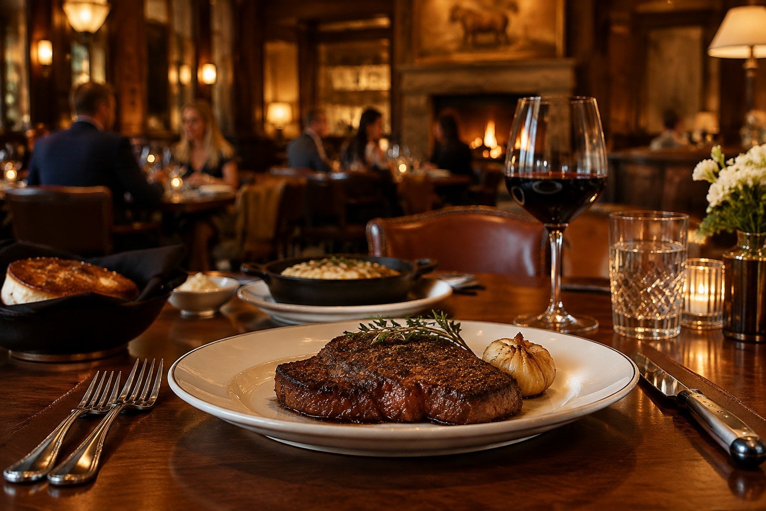 A premium steak dinner on a set table in a warmly lit restaurant.