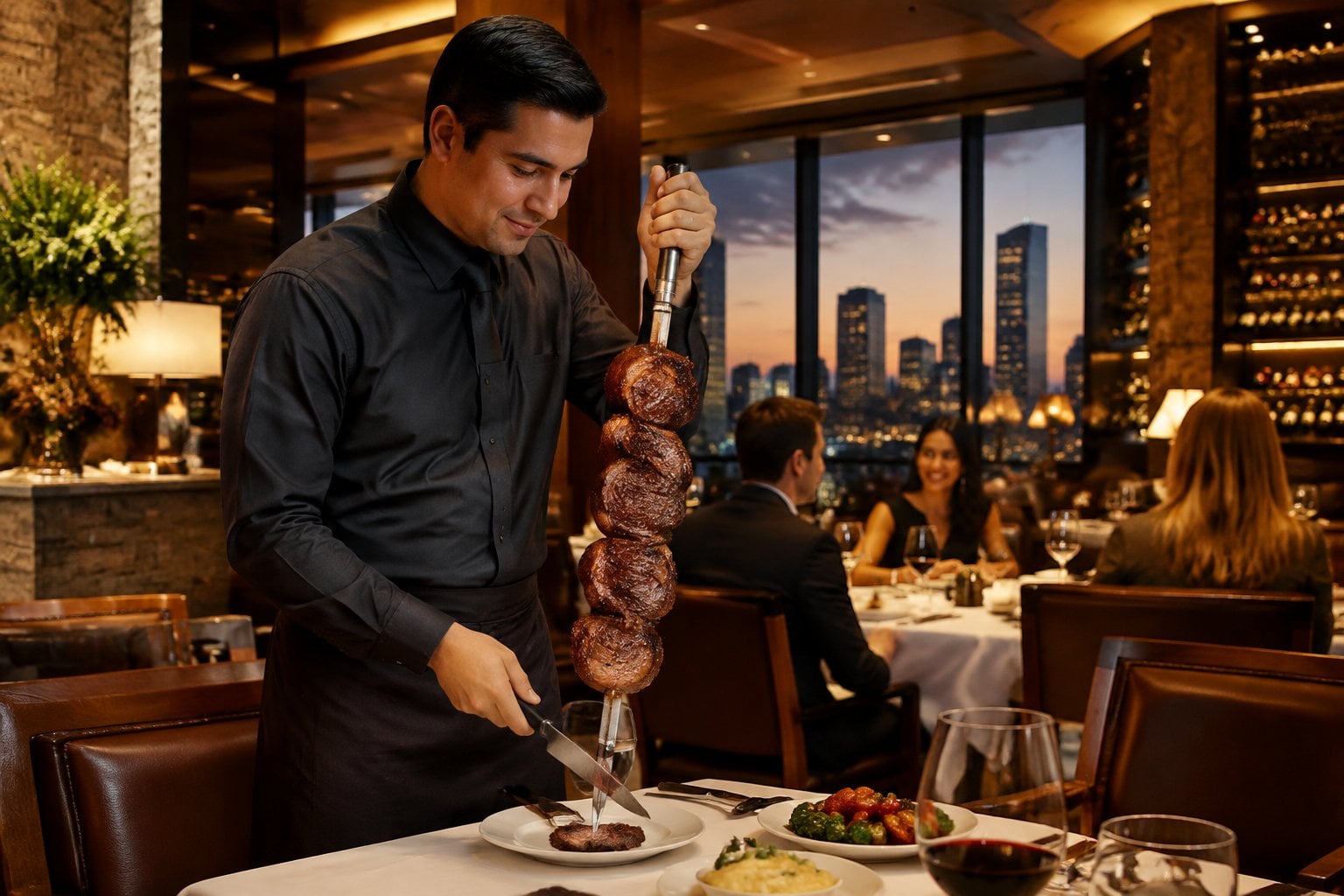 A server presents grilled beef to diners in an elegant steakhouse.